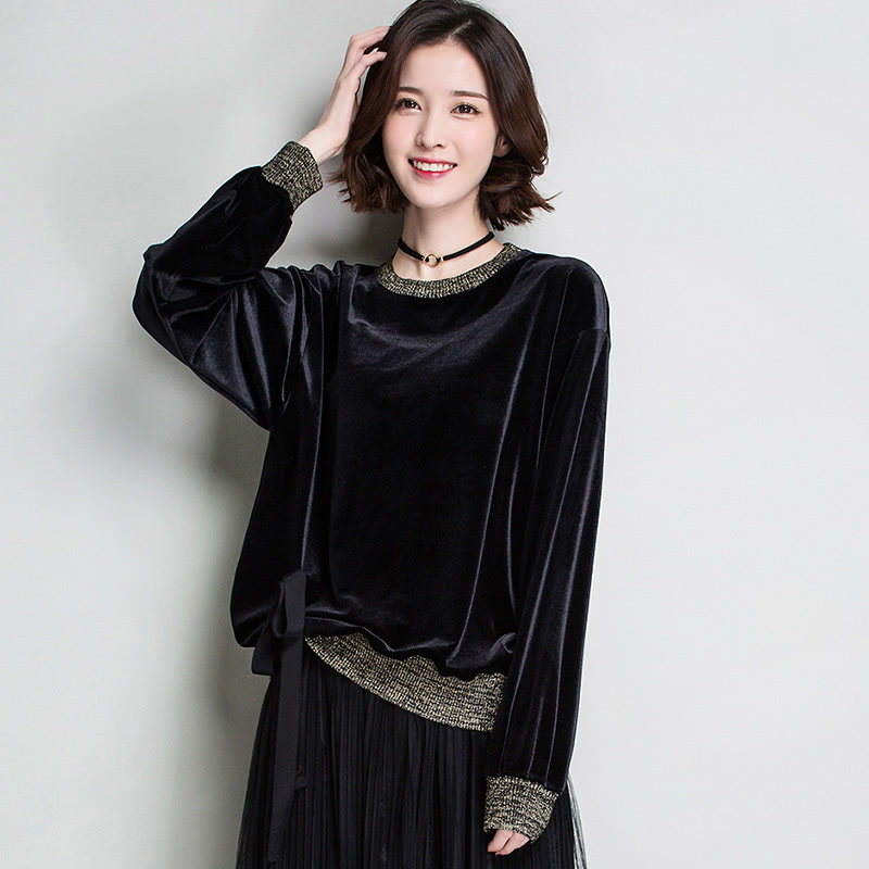 新款韩版时尚丝绒卫衣 长袖圆领宽松拼接女式绒衫